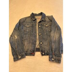 Gap 1969 Denim Jacket Womens Large Blue Medium Wash Trucker Distressed Fall 2006